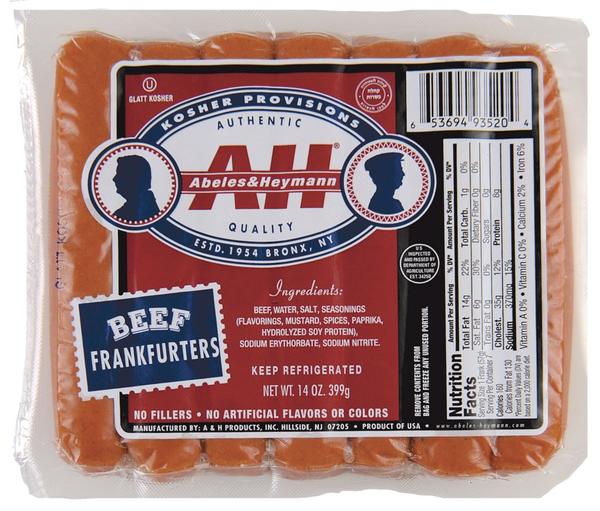 Abeles and Heymann (A&H) All Beef Kosher Hot Dogs Reduced Fat & Sodium