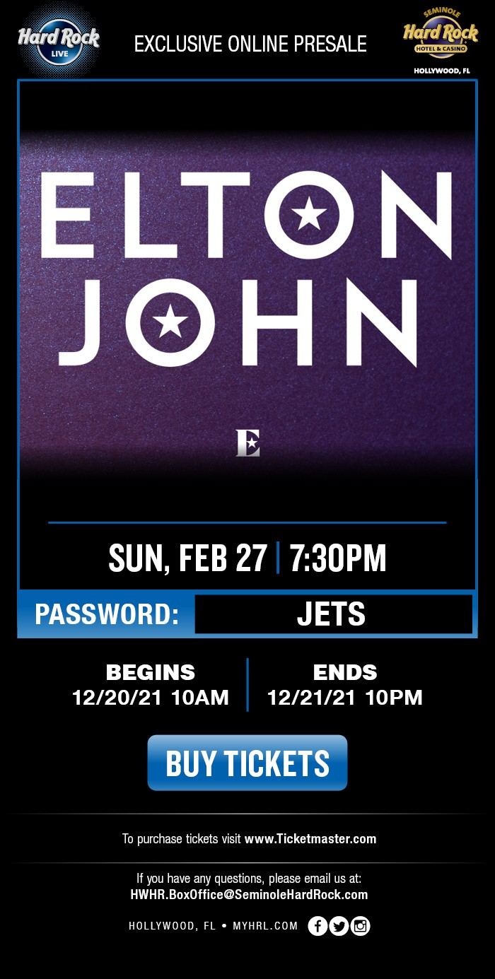 Exclusive Online Presale Elton John (Hard Rock Live Seminole Hard