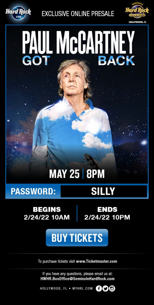 Exclusive Online Presale Paul McCartney Hard Rock Live Seminole Hard 