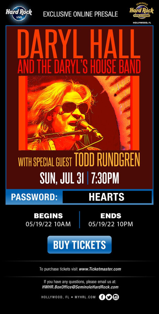 Exclusive Online Presale Daryl Hall & The Daryl’s House Band (Hard